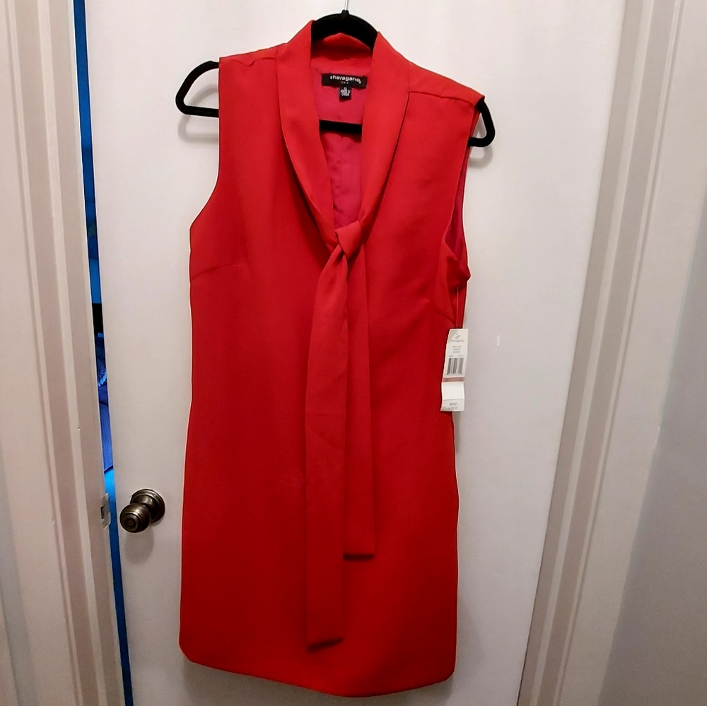 Red V neck with tie sleeveless dress